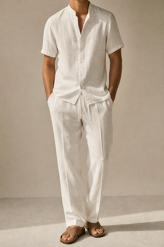 Conjunto Bruno de camisa y pantalón de lino blanco roto
