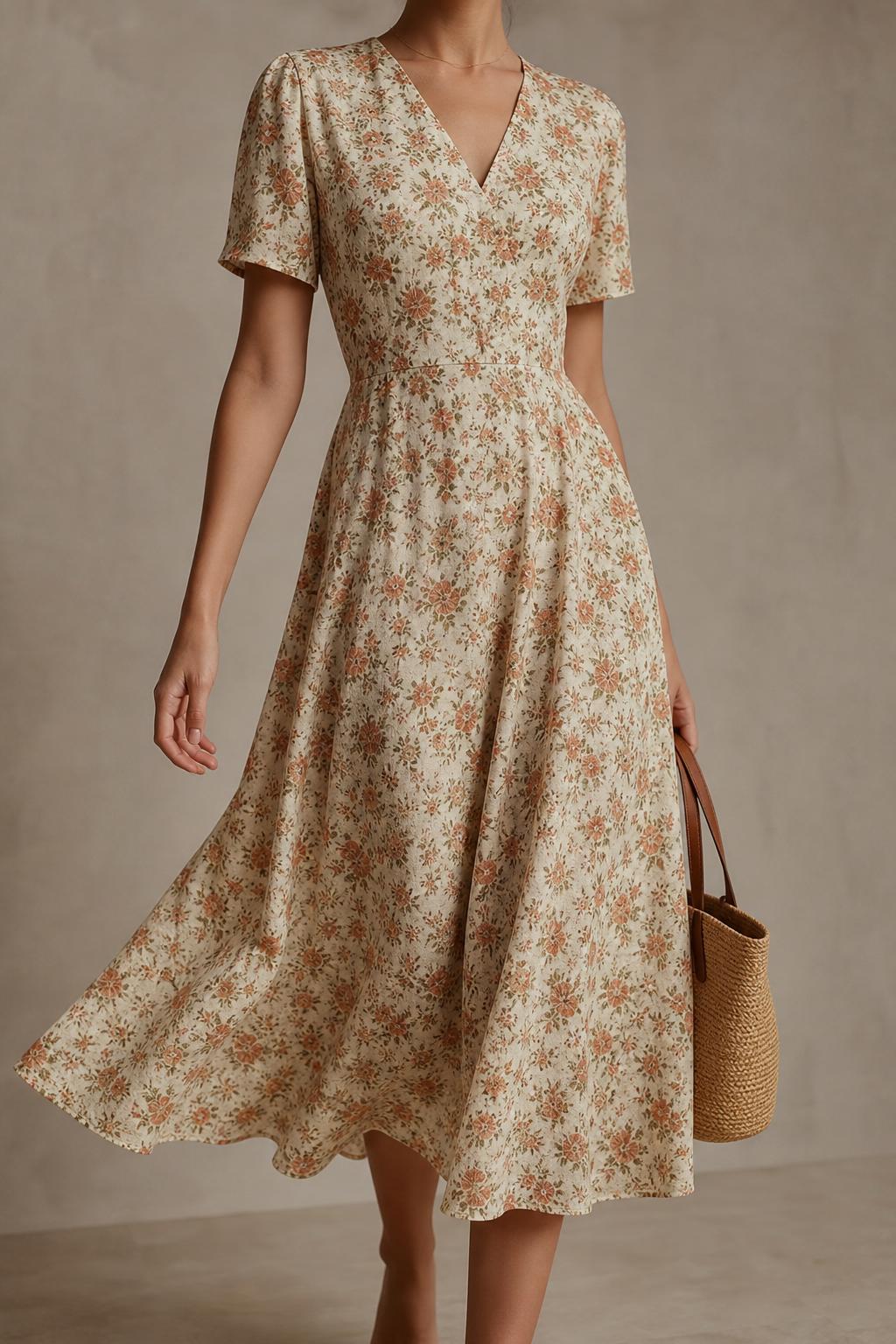 Vestido Flora midi floral de manga corta