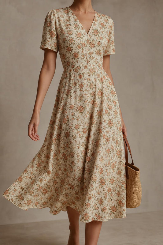 Vestido Flora midi floral de manga corta