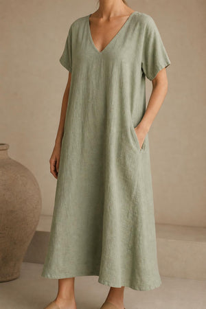 Vestido Lía de lino y algodón verde salvia con bolsillos